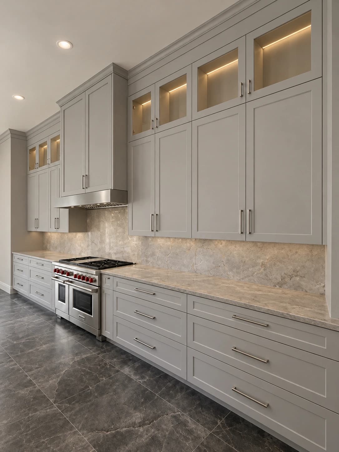Kitchen with grey shaker cabinets stacked to the ceiling, lit glass-front uppers, a stone countertop with a full-height stone backsplash, a stainless range and hood, and a dark stone tile floor.