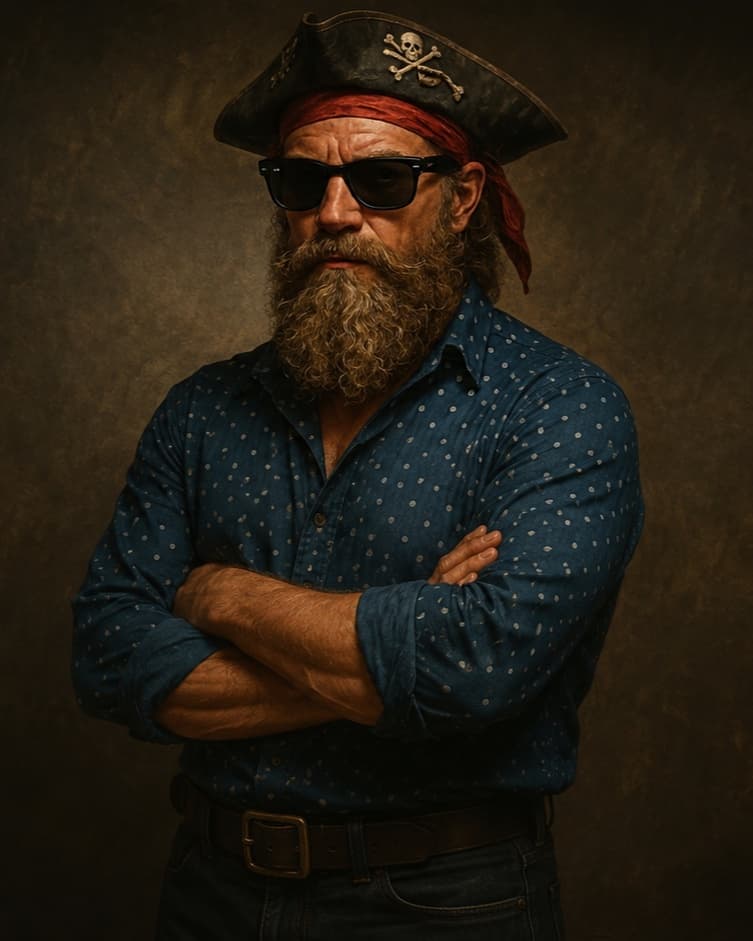 Oleh Herashchenko, owner of Old Pirate Construction., photographed in pirate hat and aviators against a warm studio backdrop.