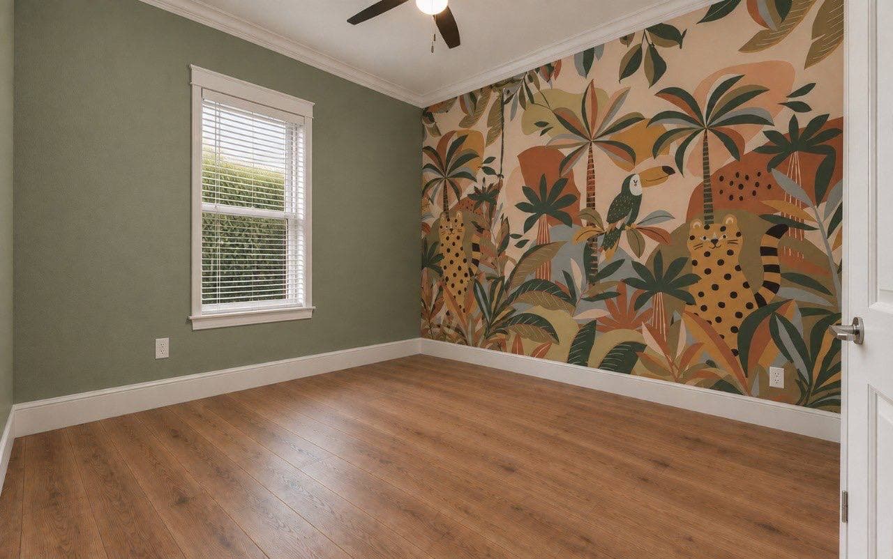 Bedroom accent wall with a stylised jungle mural — palms, leopards and a toucan — beside olive green walls.