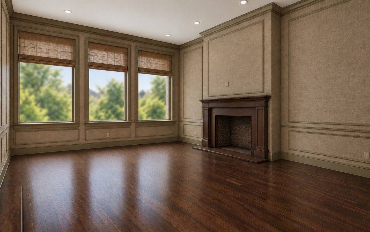 Living room with linen-textured wallpaper set inside applied moulding panels around a fireplace.